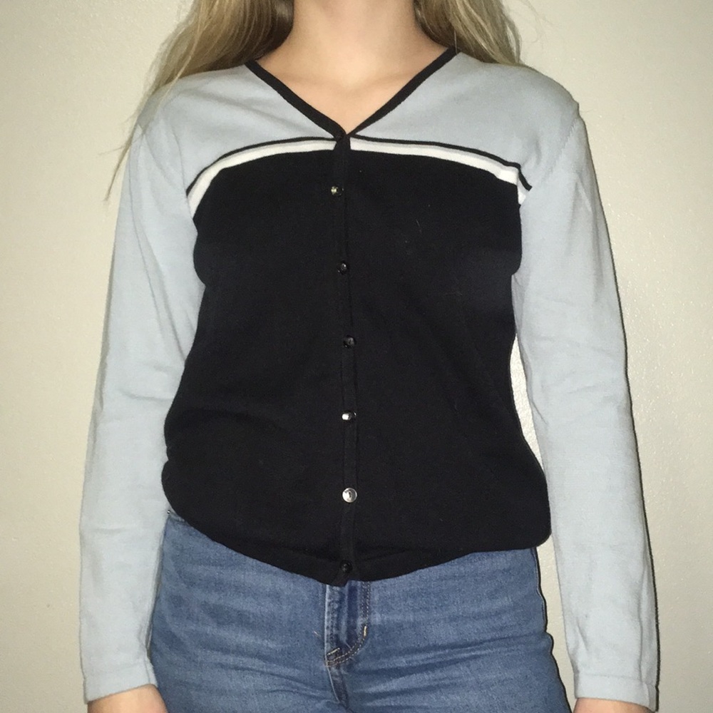 Baby blue, dark blue and white Button down sweater
